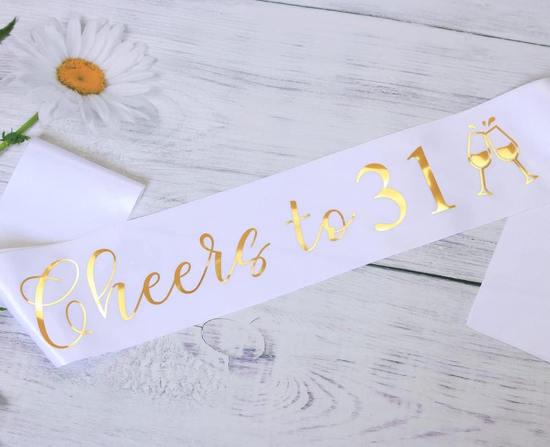 Docooniver It's my 31st Birthday Sash for Women and Men,Cheers to 31,Happy 31st Birthday Sash White with Gold Foil Lettering. - Image 2